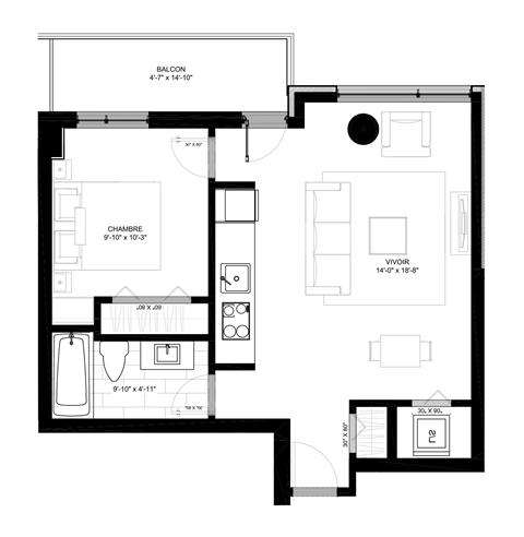 a floor plan of a small house with a bedroom and a living room